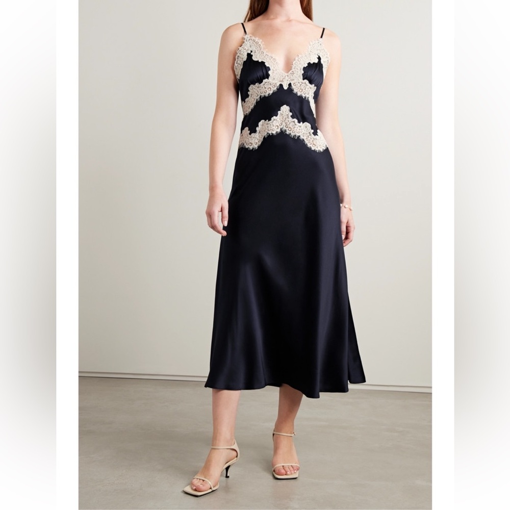 Doen Navy Slip Dress with Cream Lace Trim